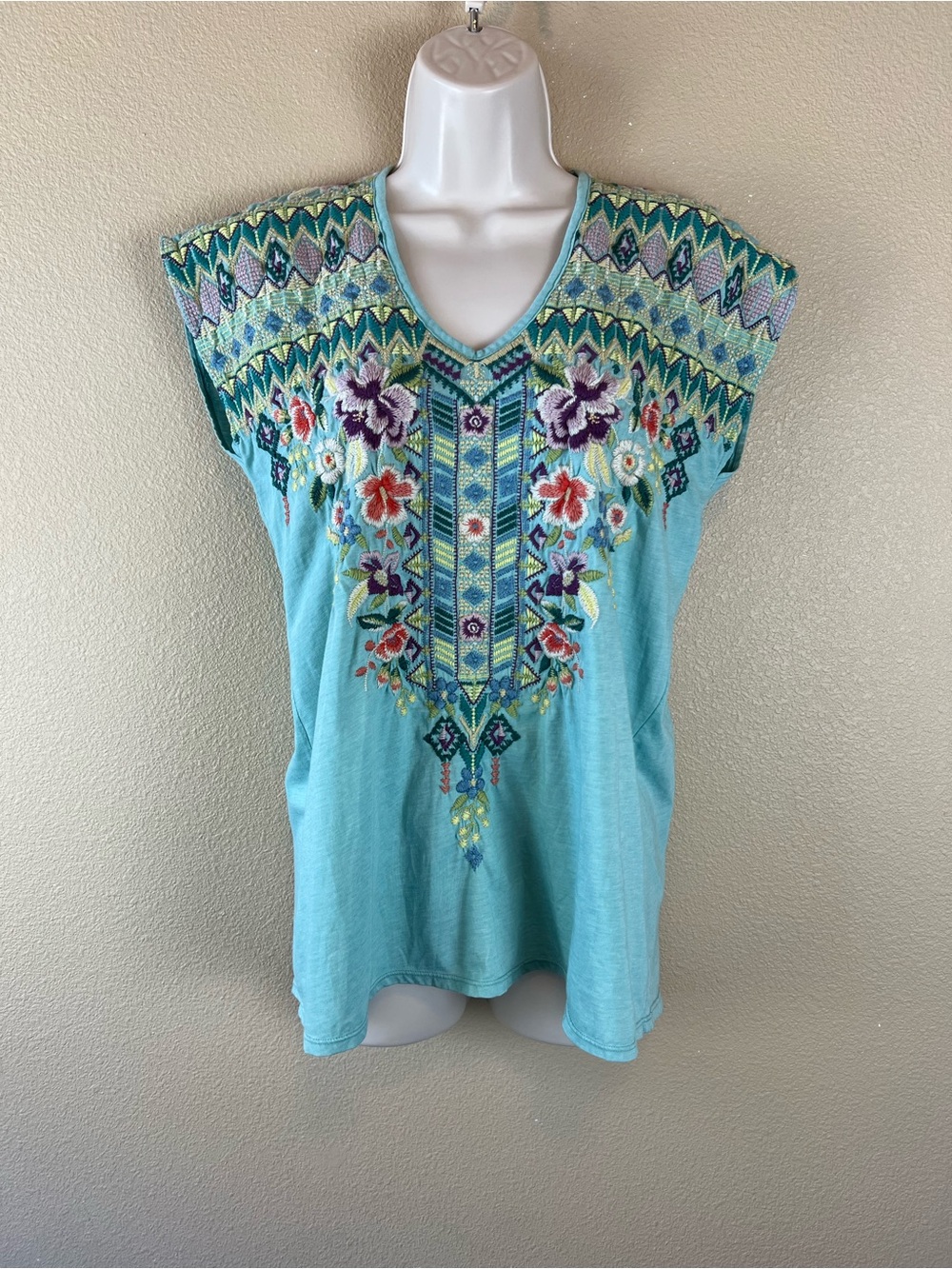Johnny Was blue embroidered top